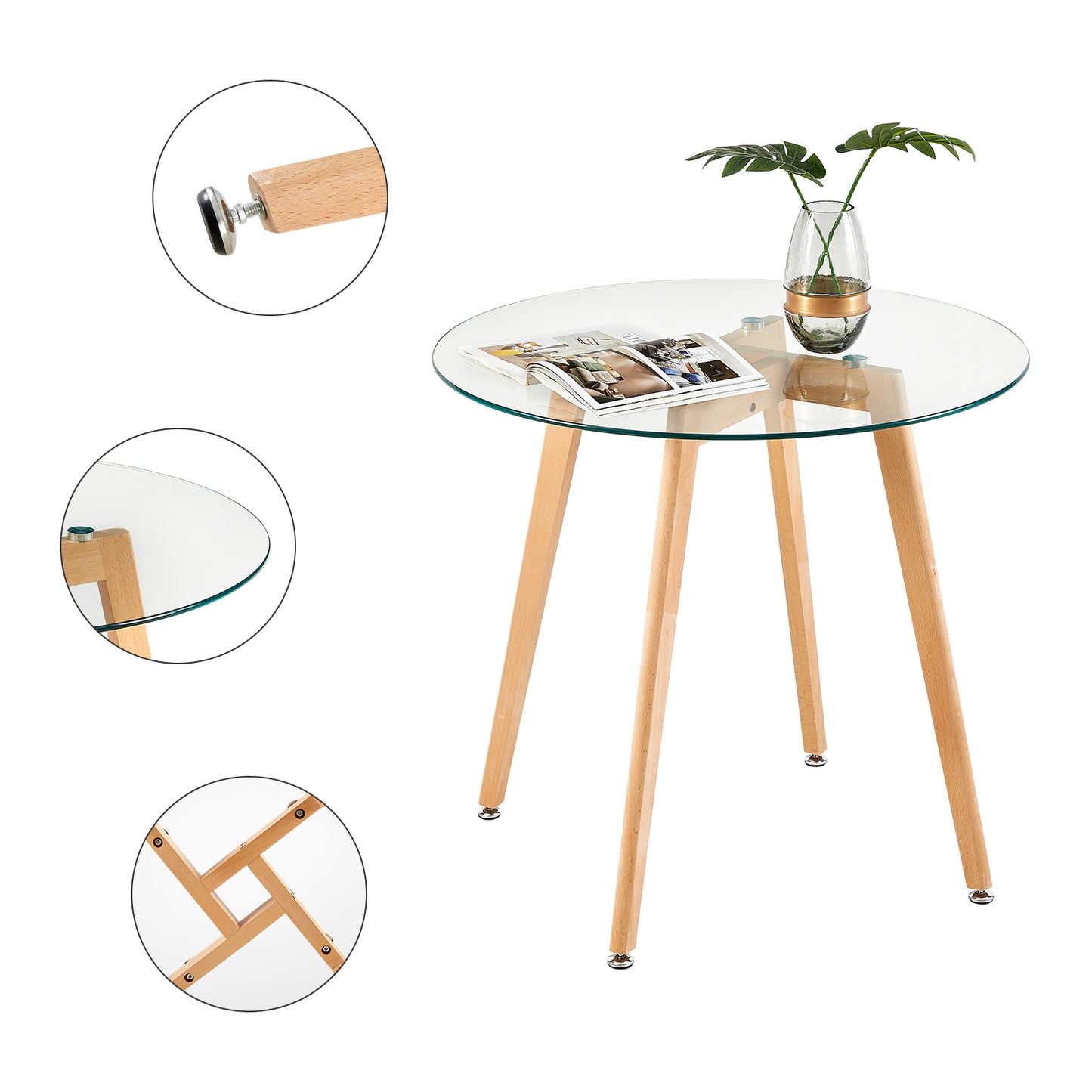 Tables de salle à manger rondes en verre 80 cm avec pieds en hêtre - COVE