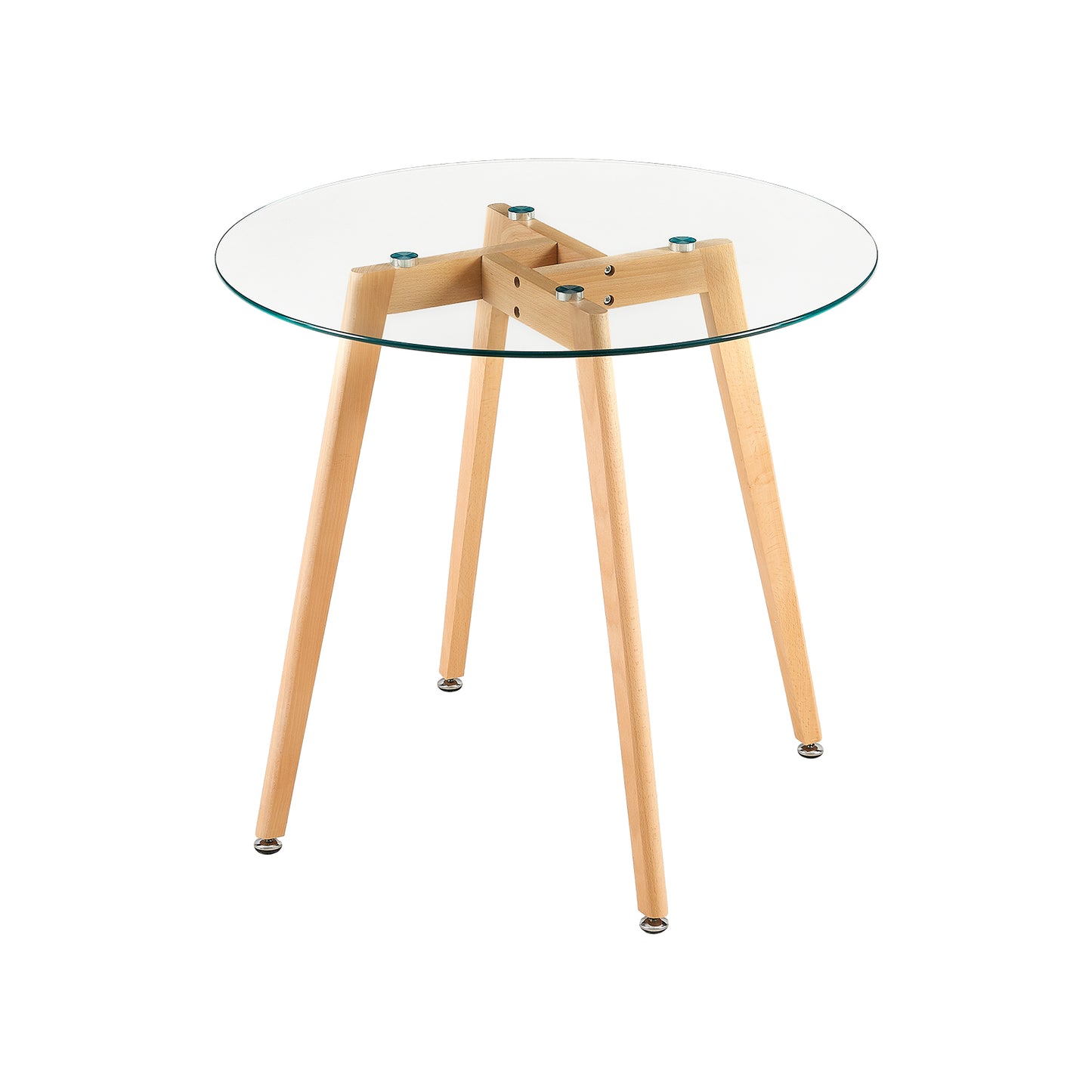 Tables de salle à manger rondes en verre 80 cm avec pieds en hêtre - COVE