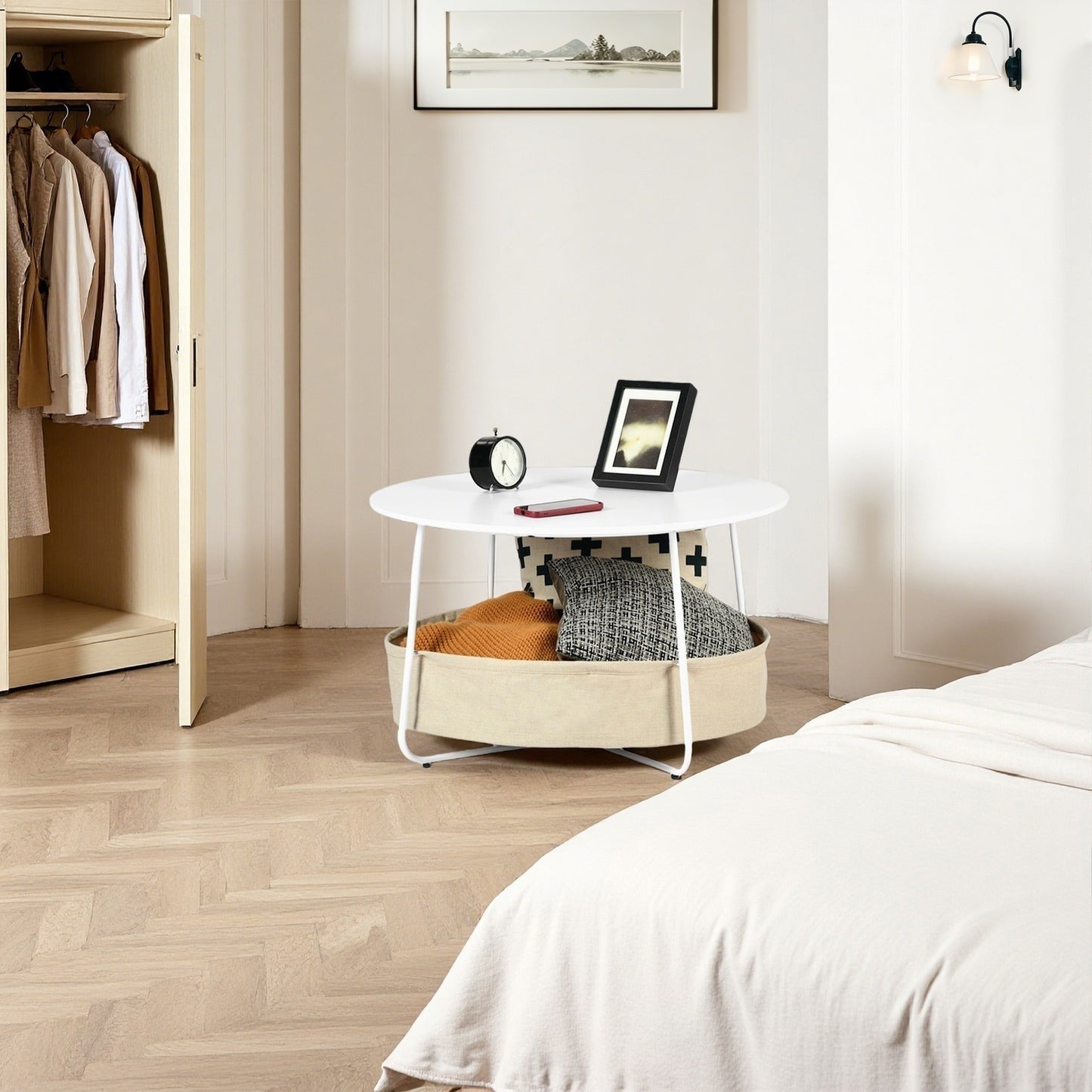 Table basse ronde moderne avec panier de rangement DOYLE - Blanche
