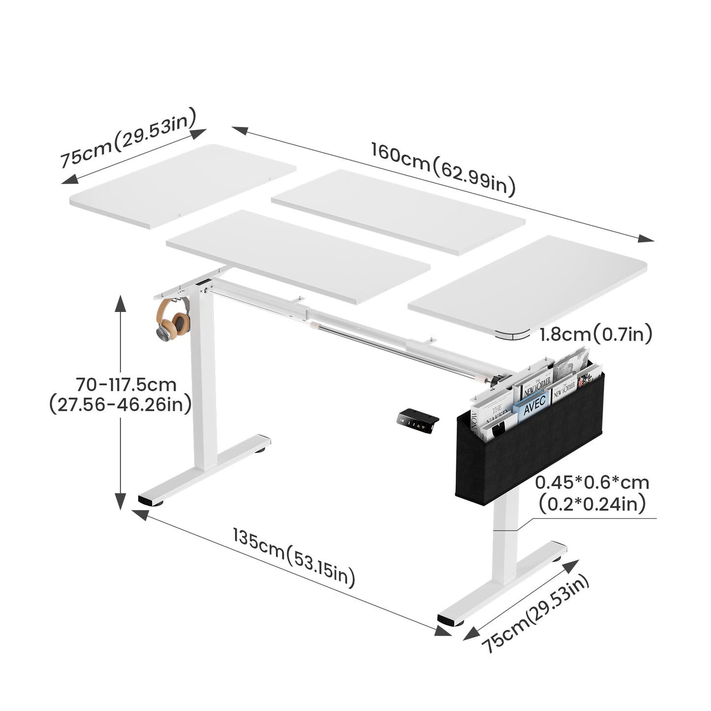 Bureau électrique Réglable en Hauteur 160 x 75 cm, Blanc-DUMONT