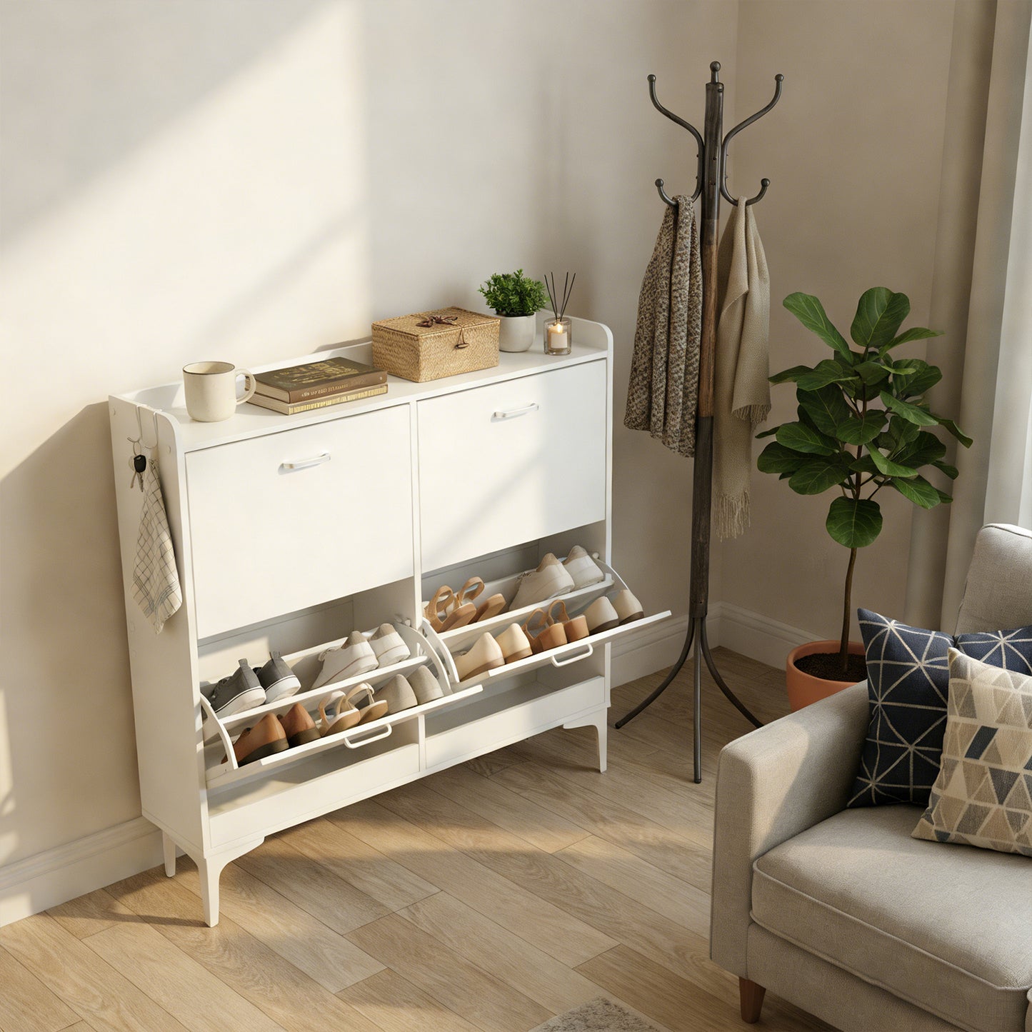 Meuble à chaussures DURHAM à 4 rabats, 105 x 23 x 103 cm - MDF blanc