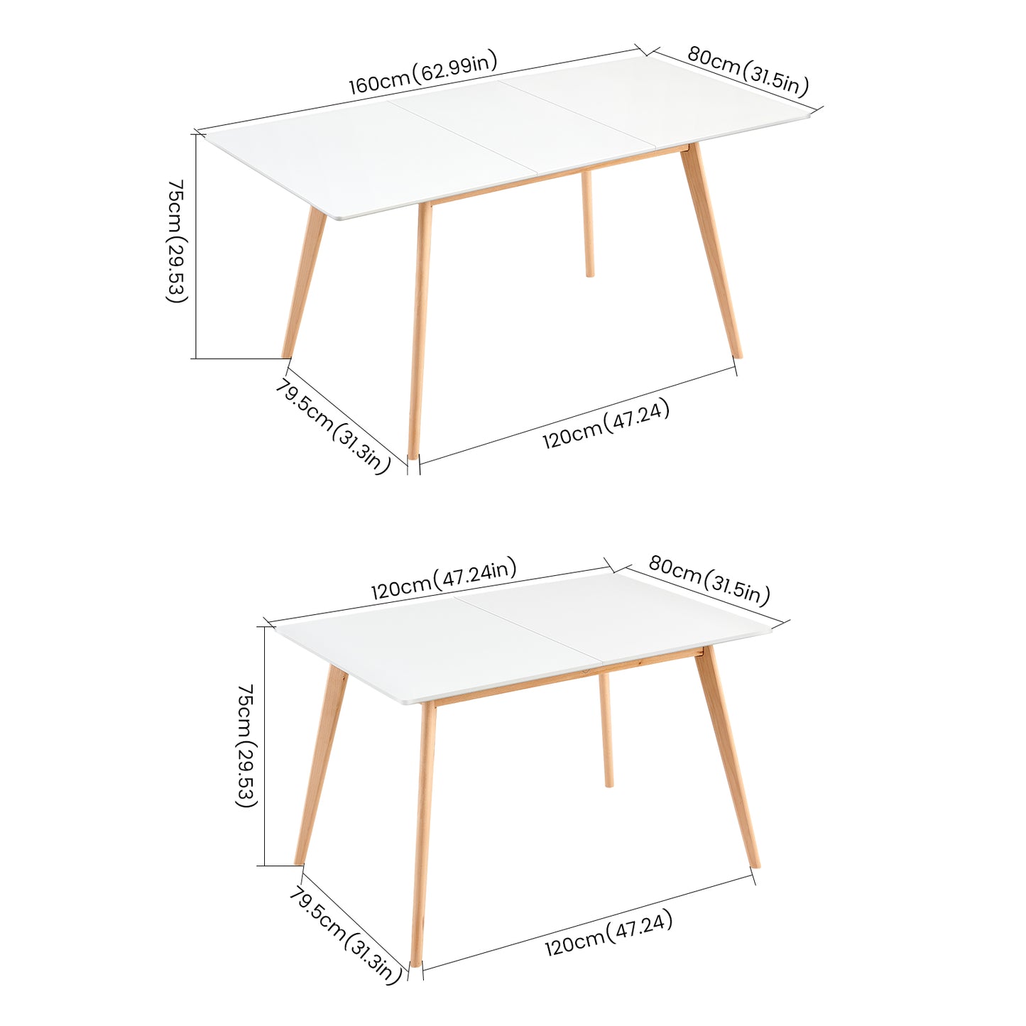 DUVALL Table à manger extensible rectangulaire blanche 120-160 cm