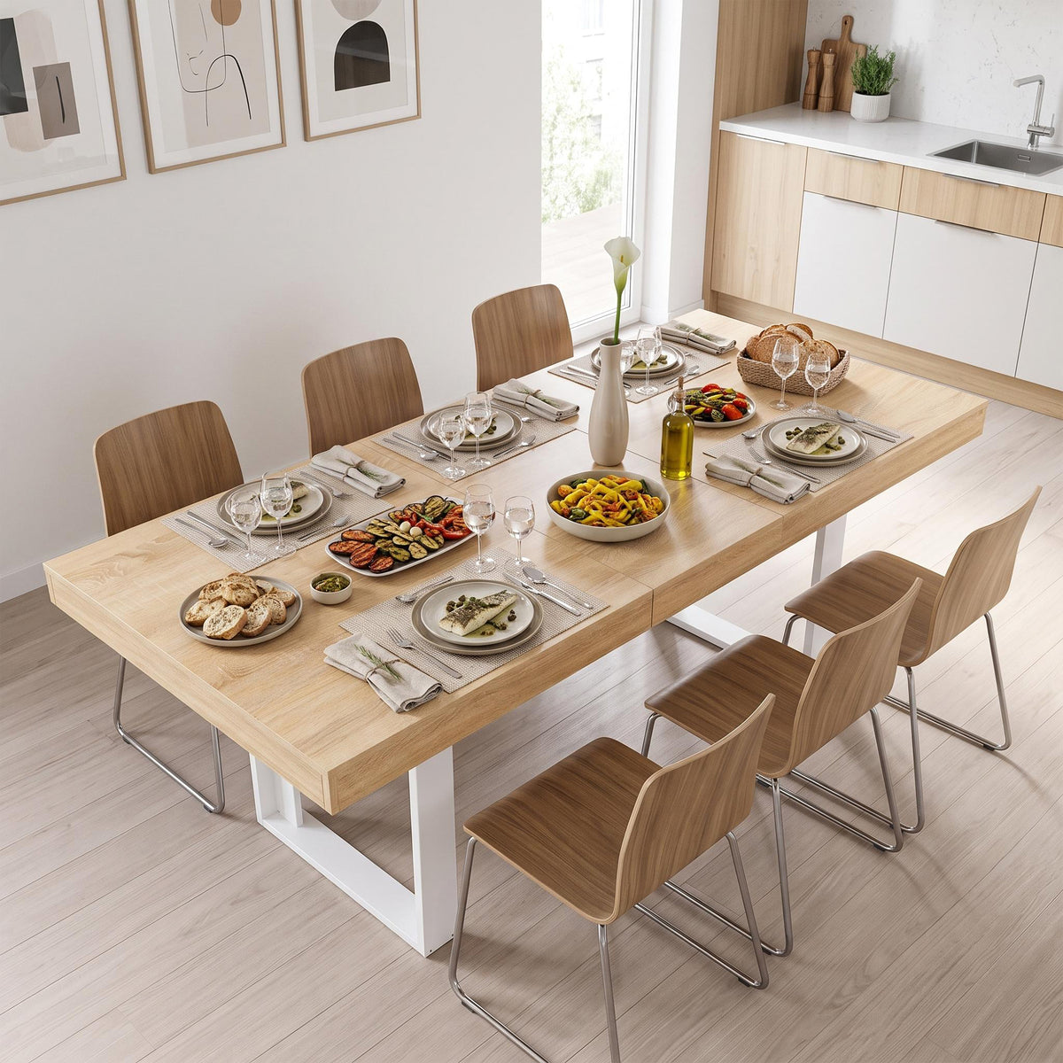 Table de salle à manger rectangulaire extensible, longueur 160-200 cm - Bois et blanc