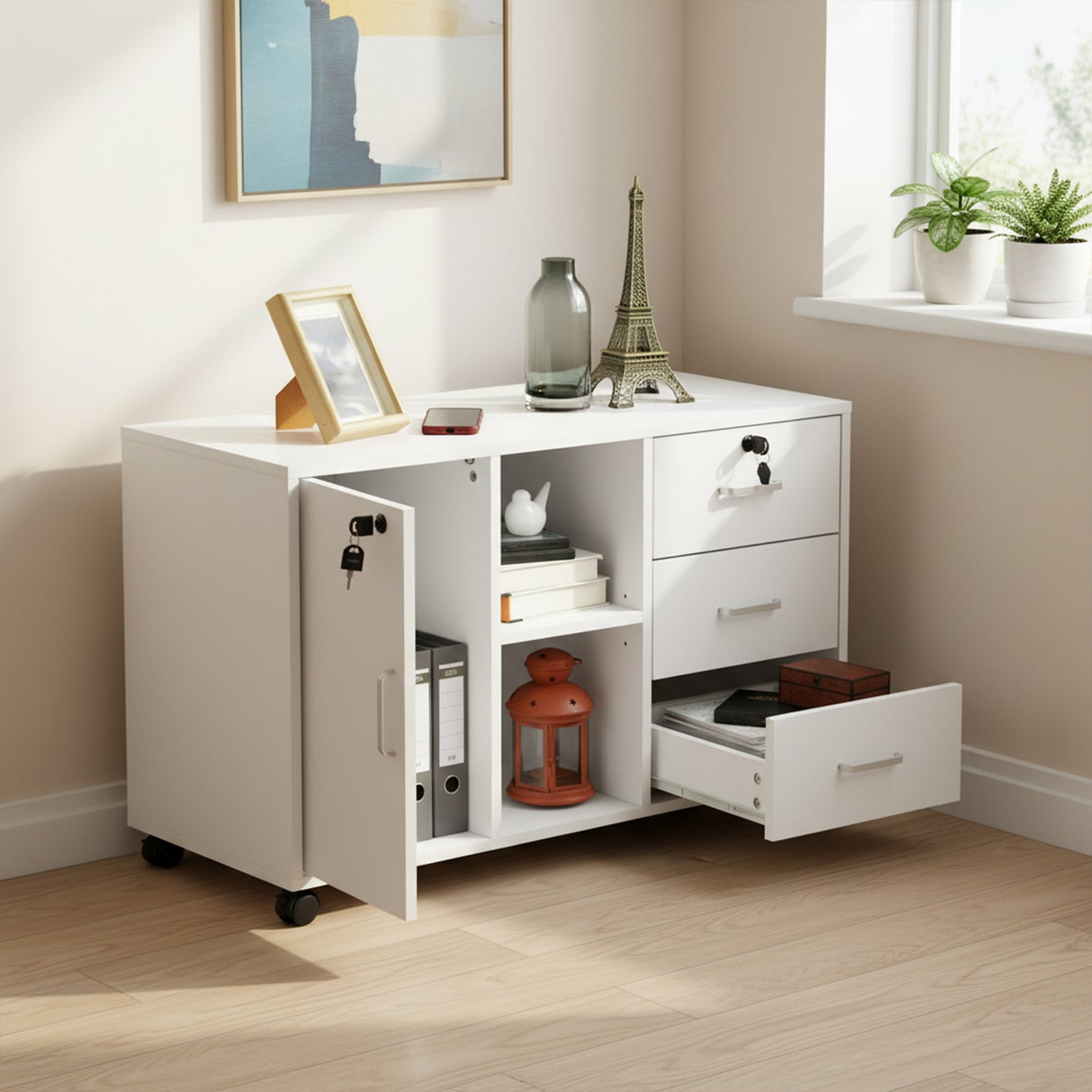 Classeur latéral en bois blanc à 3 tiroirs, verrouillable, avec étagères de rangement ouvertes