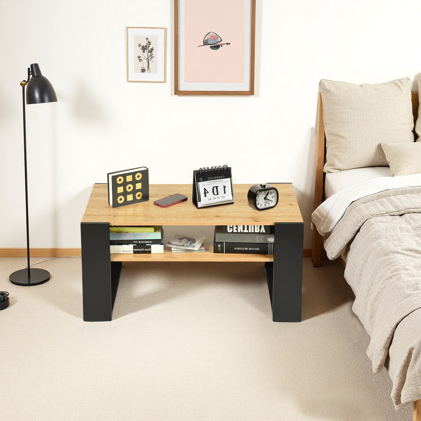 Table Basse avec Étagères, Chêne Doré - OWENS