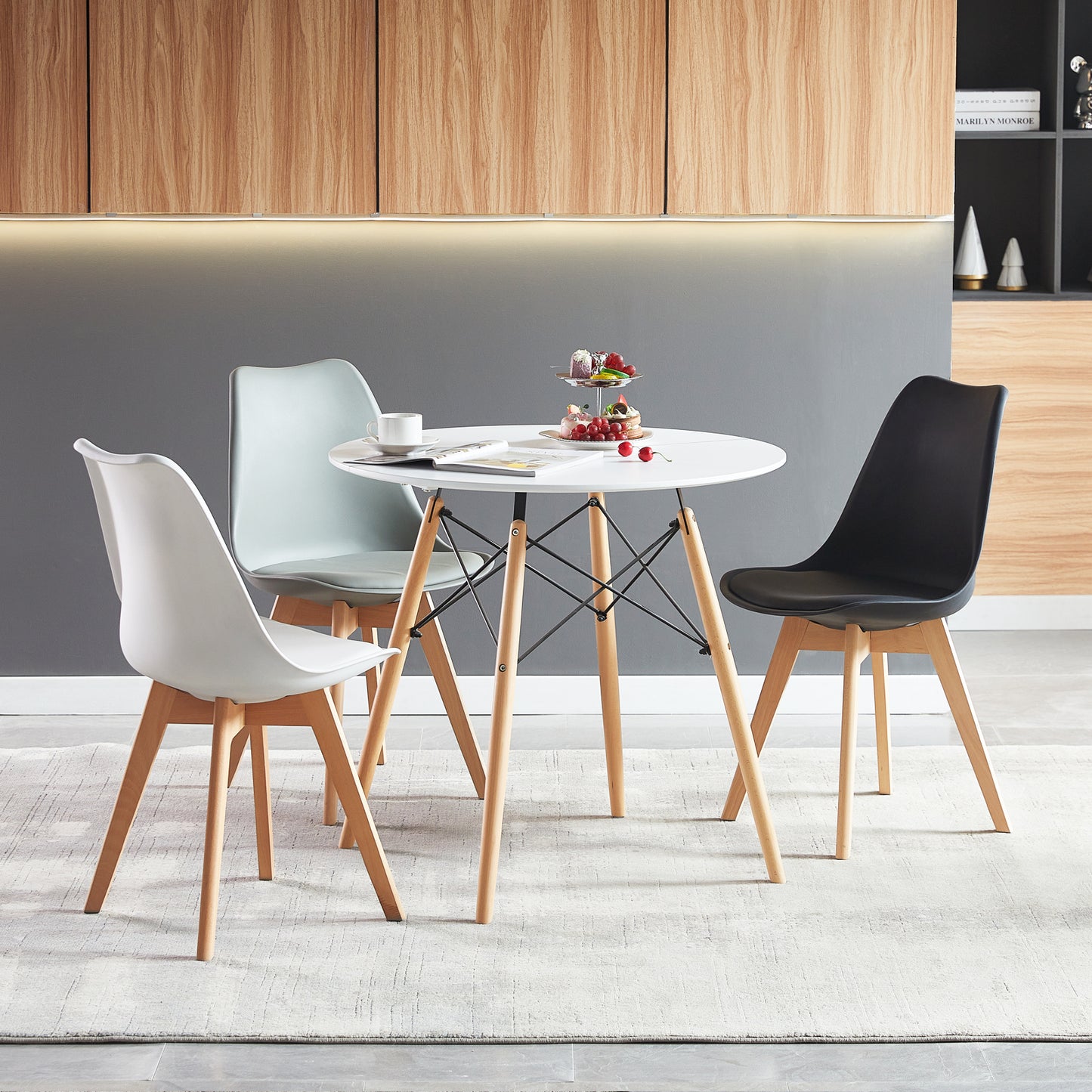 RAY Table à Manger Ronde en MDF/Verre avec Pieds en Hêtre 80 * 80 * 74 cm - Noir/Blanc/Clair