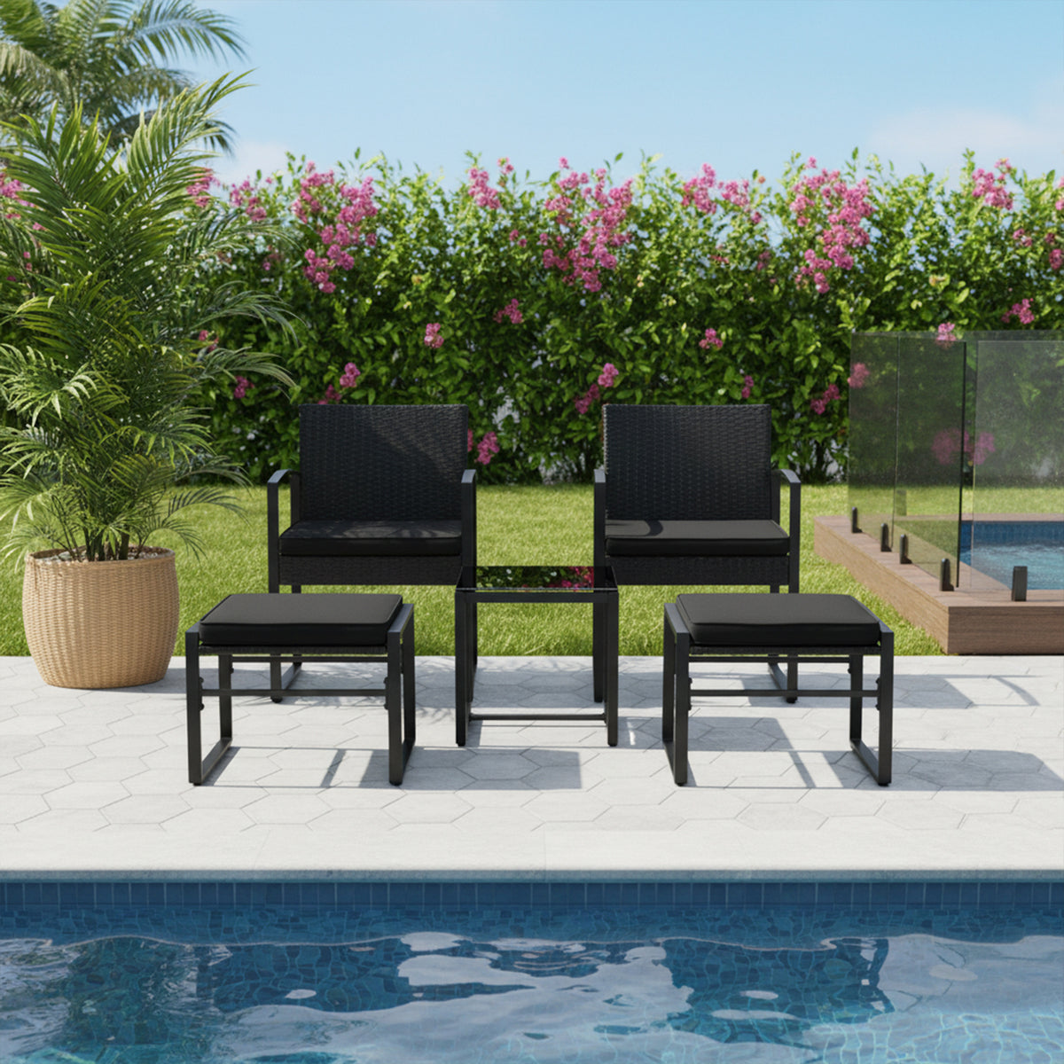 Ensemble de mobilier de jardin en rotin 5 pièces, 2 fauteuils + 2 repose-pieds + 1 table - Noir