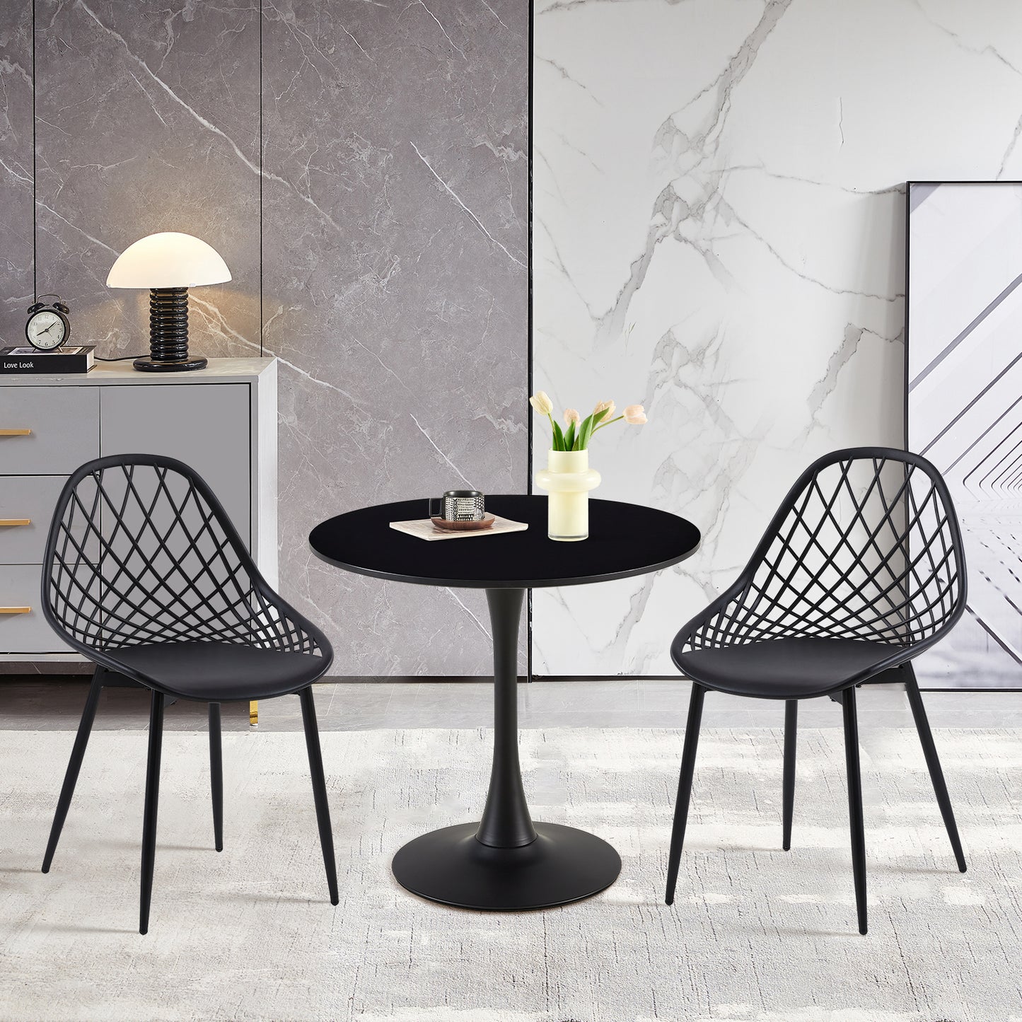 Table à manger ronde lisse TULIP avec un diamètre de 75 cm - Noir/Blanc/Marbrier