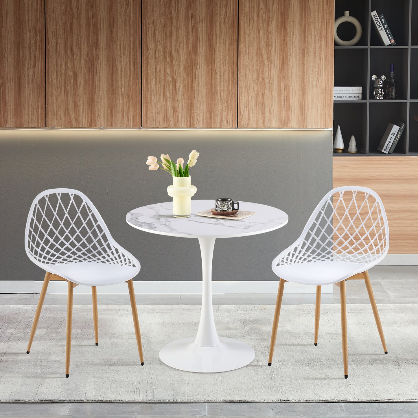 Table à manger ronde lisse TULIP avec un diamètre de 75 cm - Noir/Blanc/Marbrier
