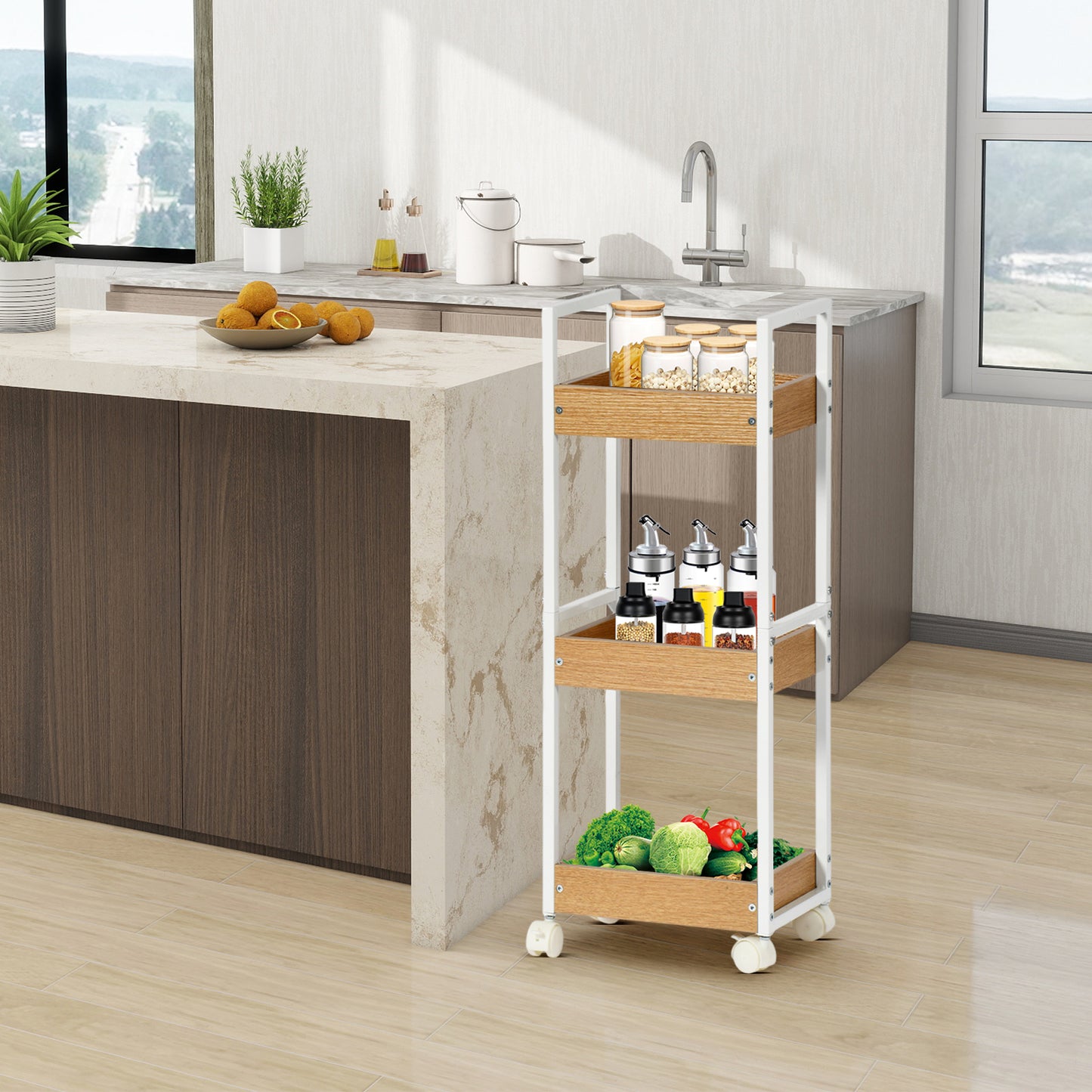 Étagère de rangement à trois niveaux VERO - Couleur Feu/CHÊNE