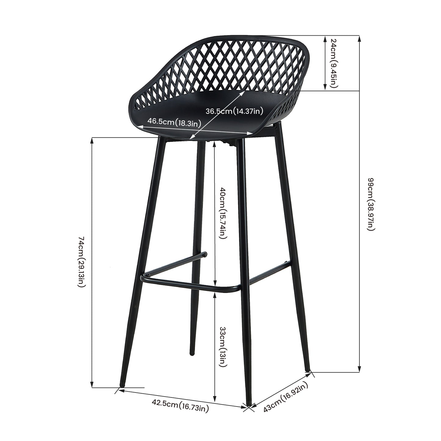 Lot de 4 chaises de bar en fer de style industriel moderne avec dossier creux respirant - Noir/Blanc
