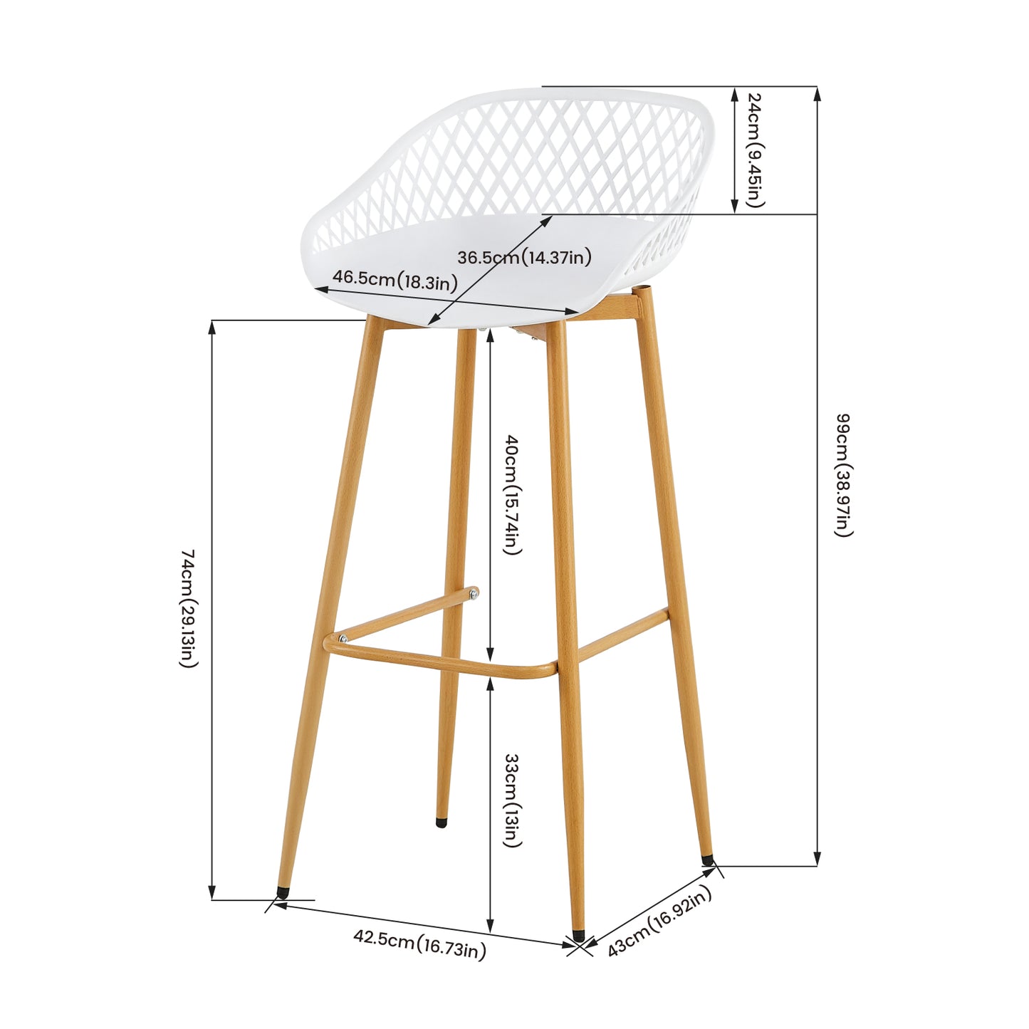 Lot de 4 chaises de bar en fer de style industriel moderne avec dossier creux respirant - Noir/Blanc