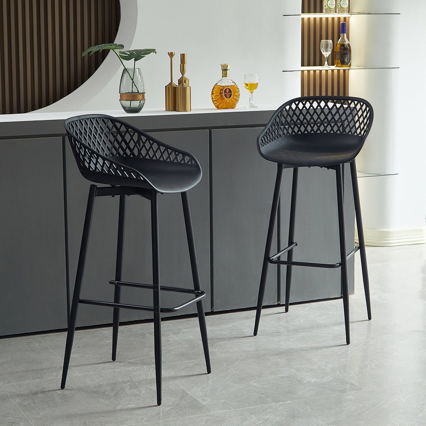 Lot de 4 chaises de bar en fer de style industriel moderne avec dossier creux respirant - Noir/Blanc