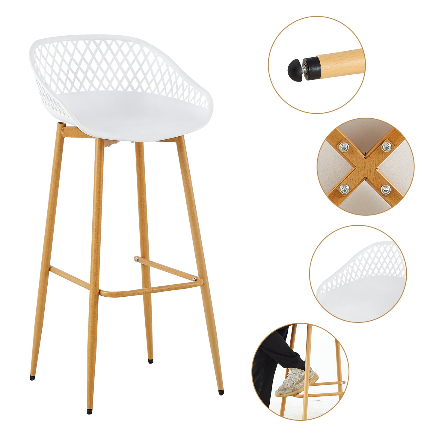 Lot de 4 chaises de bar en fer de style industriel moderne avec dossier creux respirant - Noir/Blanc