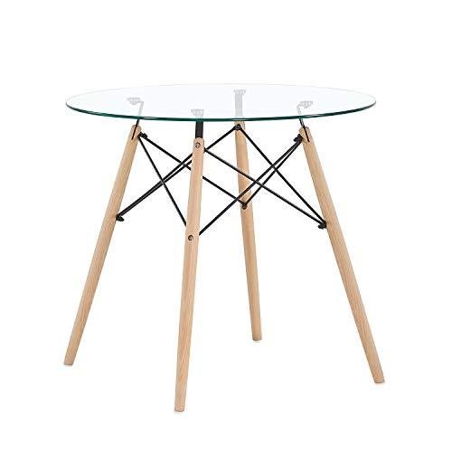 RAY Table à Manger Ronde en MDF/Verre avec Pieds en Hêtre 80 * 80 * 74 cm - Noir/Blanc/Clair