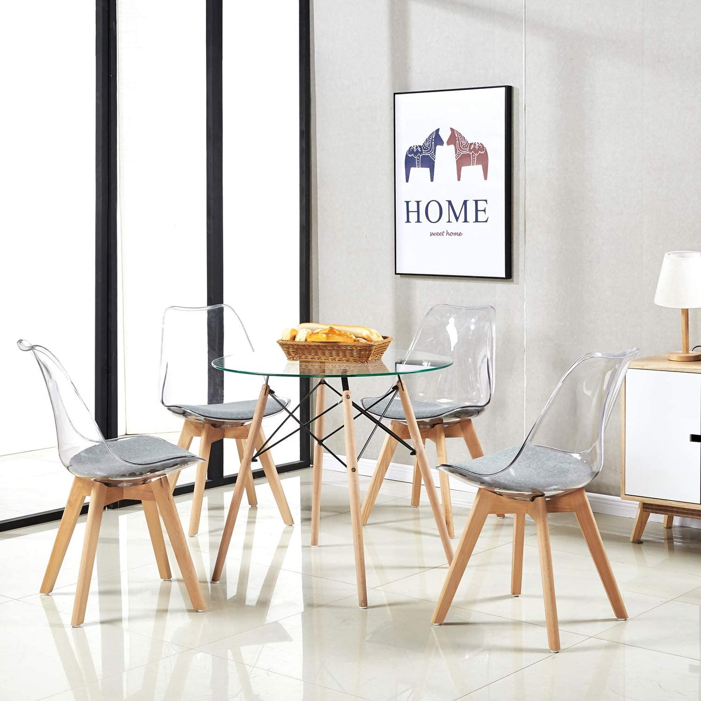 RAY Table à Manger Ronde en MDF/Verre avec Pieds en Hêtre 80 * 80 * 74 cm - Noir/Blanc/Clair