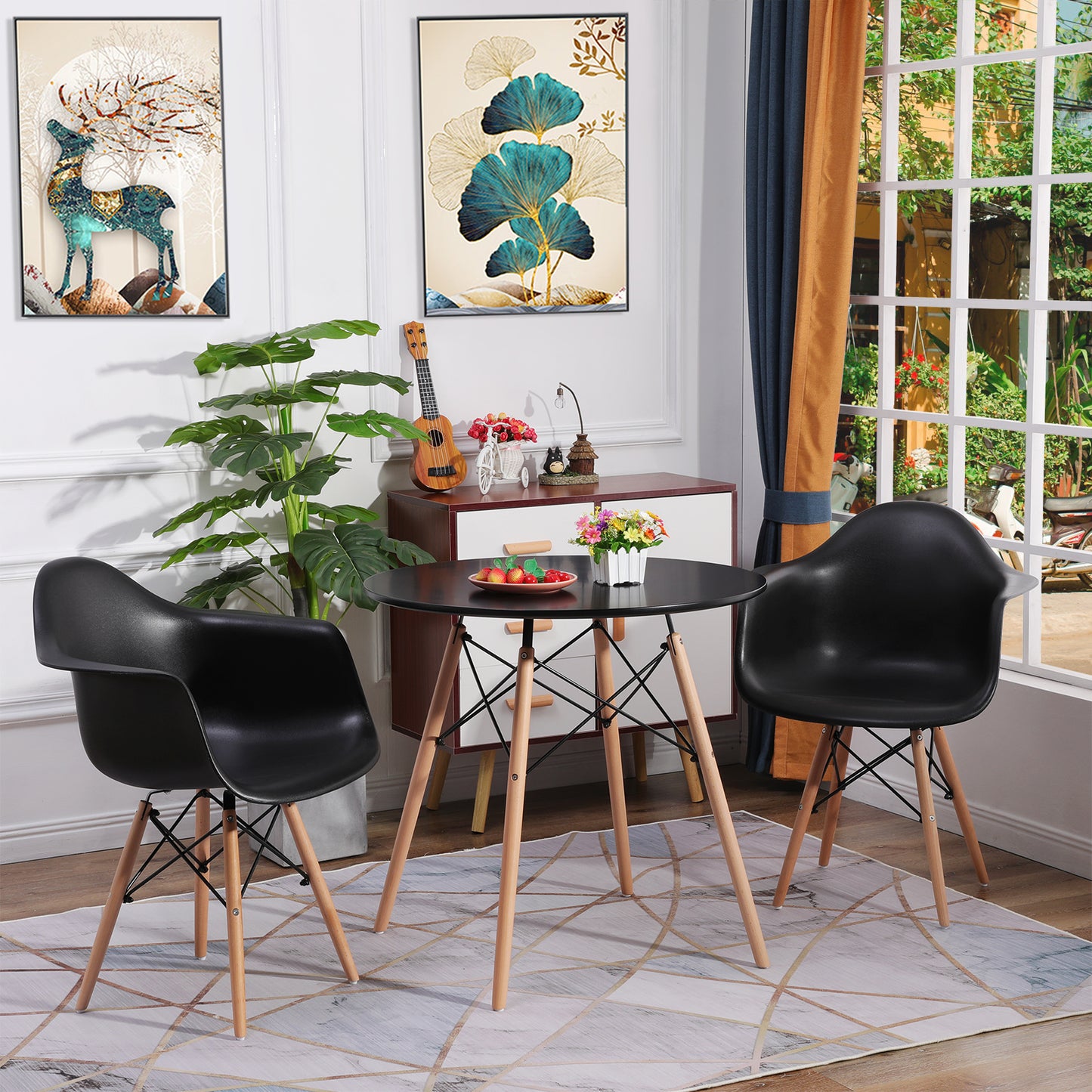 RAY Table à Manger Ronde en MDF/Verre avec Pieds en Hêtre 80 * 80 * 74 cm - Noir/Blanc/Clair