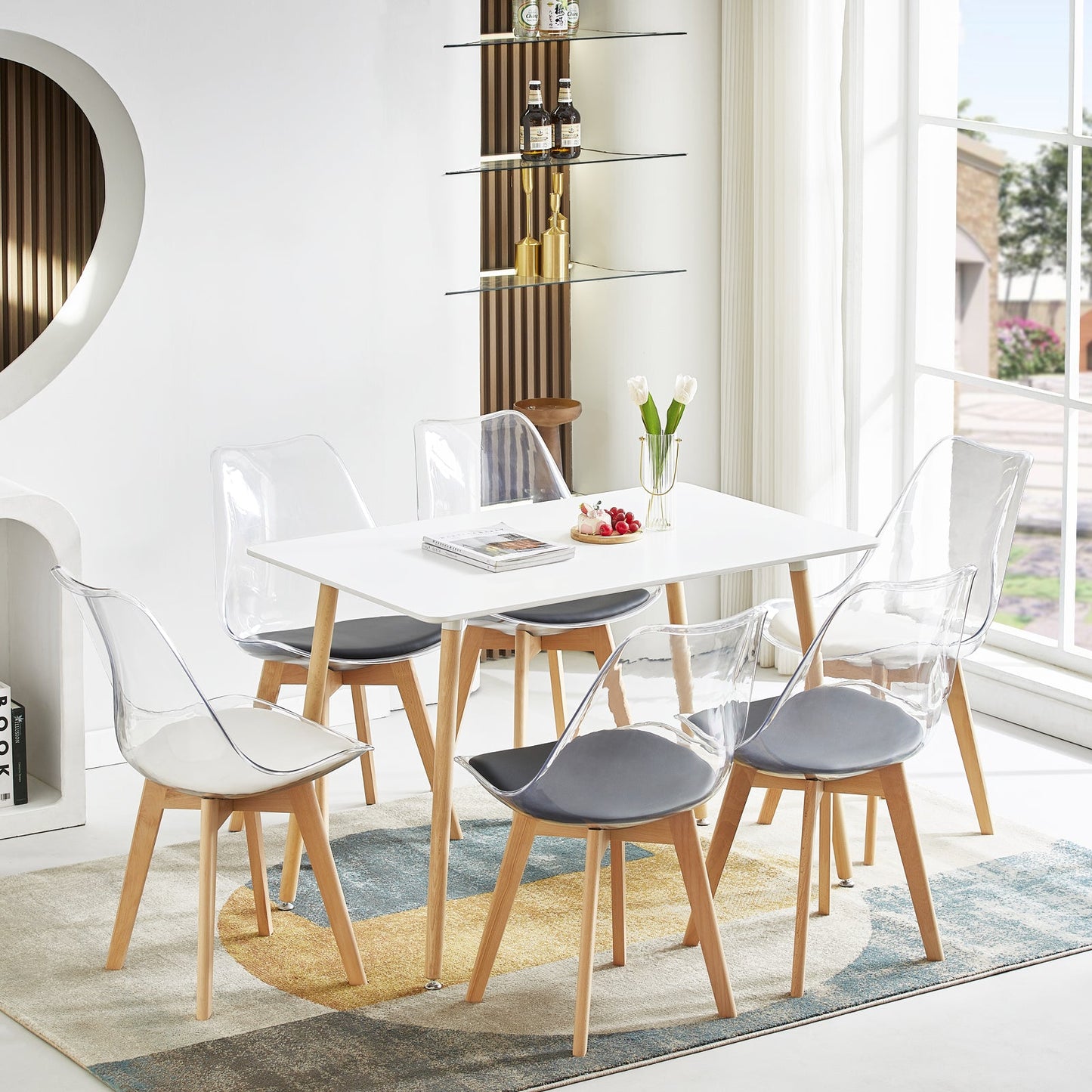 LUCCA Chaises de Salle à Manger Transparentes Coussin de Siège en Cuir PU et Pieds en Hêtre Massif - Noir/Blanc/Gris