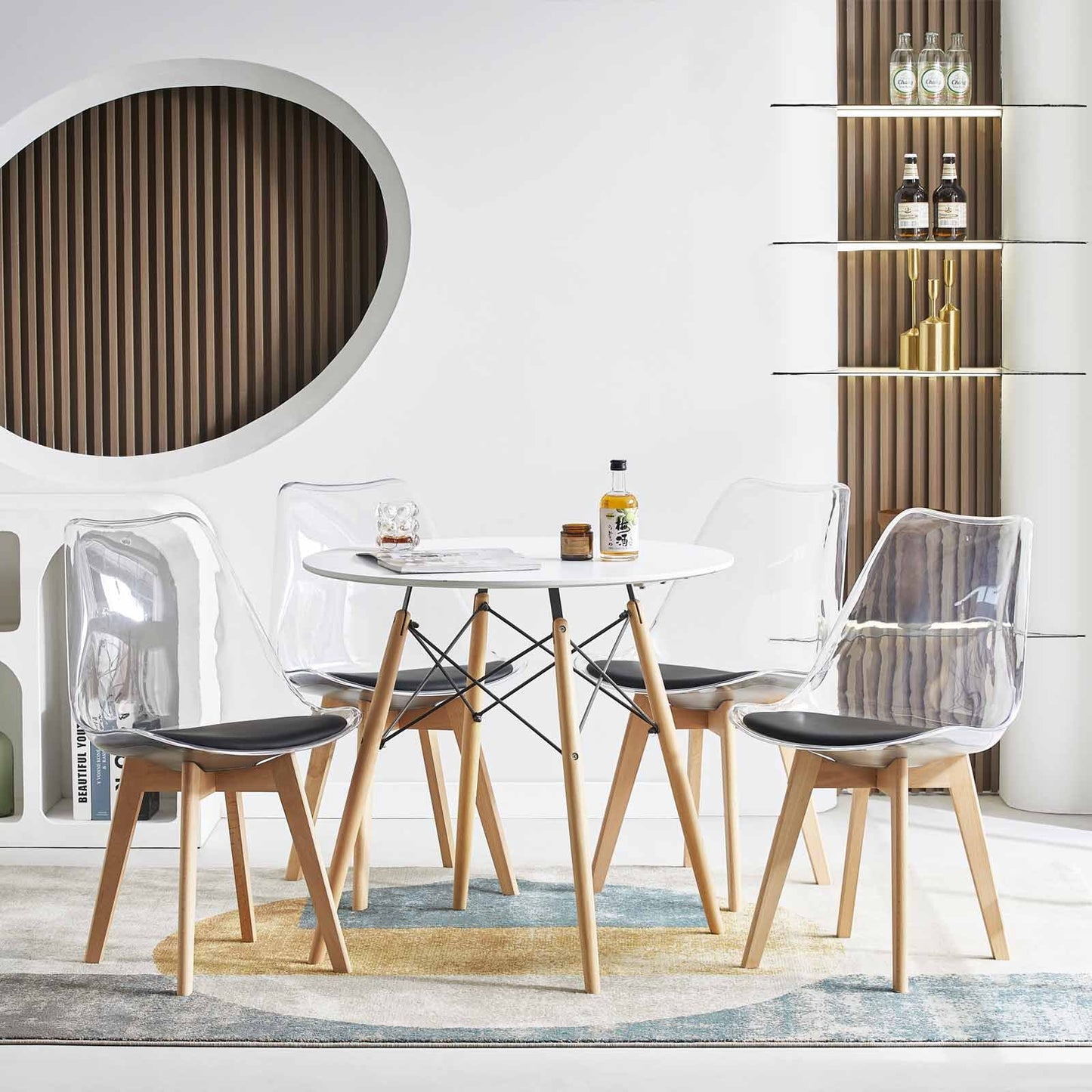 LUCCA Chaises de Salle à Manger Transparentes Coussin de Siège en Cuir PU et Pieds en Hêtre Massif - Noir/Blanc/Gris