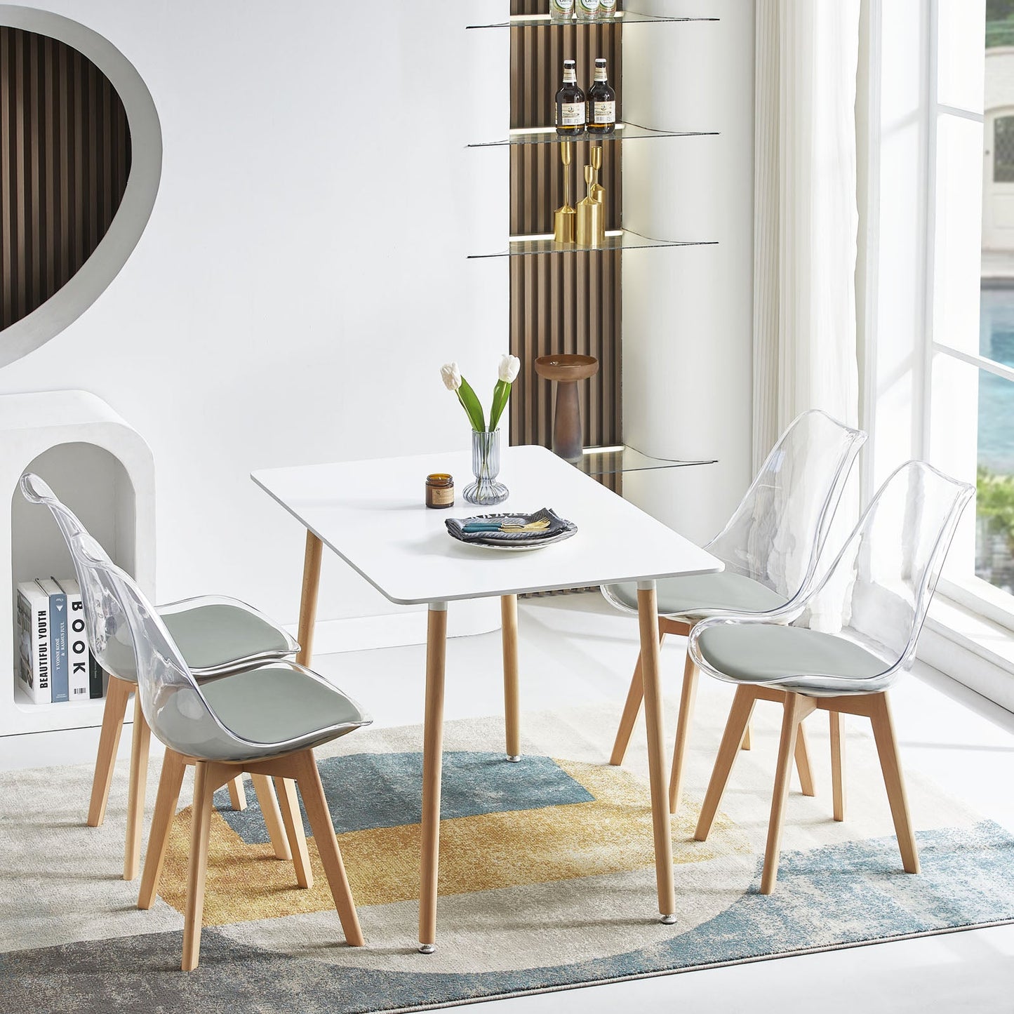 LUCCA Chaises de Salle à Manger Transparentes Coussin de Siège en Cuir PU et Pieds en Hêtre Massif - Noir/Blanc/Gris
