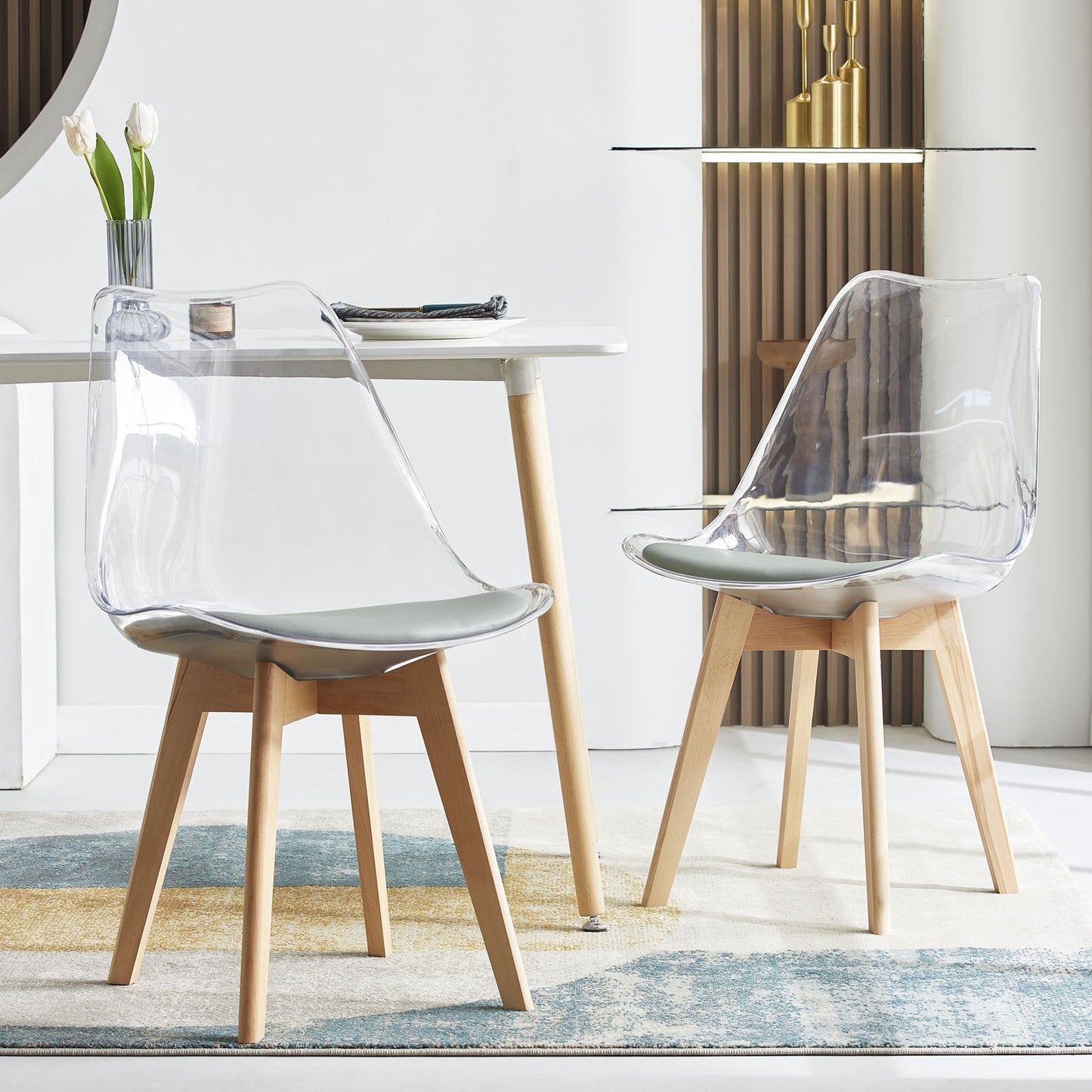 LUCCA Chaises de Salle à Manger Transparentes Coussin de Siège en Cuir PU et Pieds en Hêtre Massif - Noir/Blanc/Gris