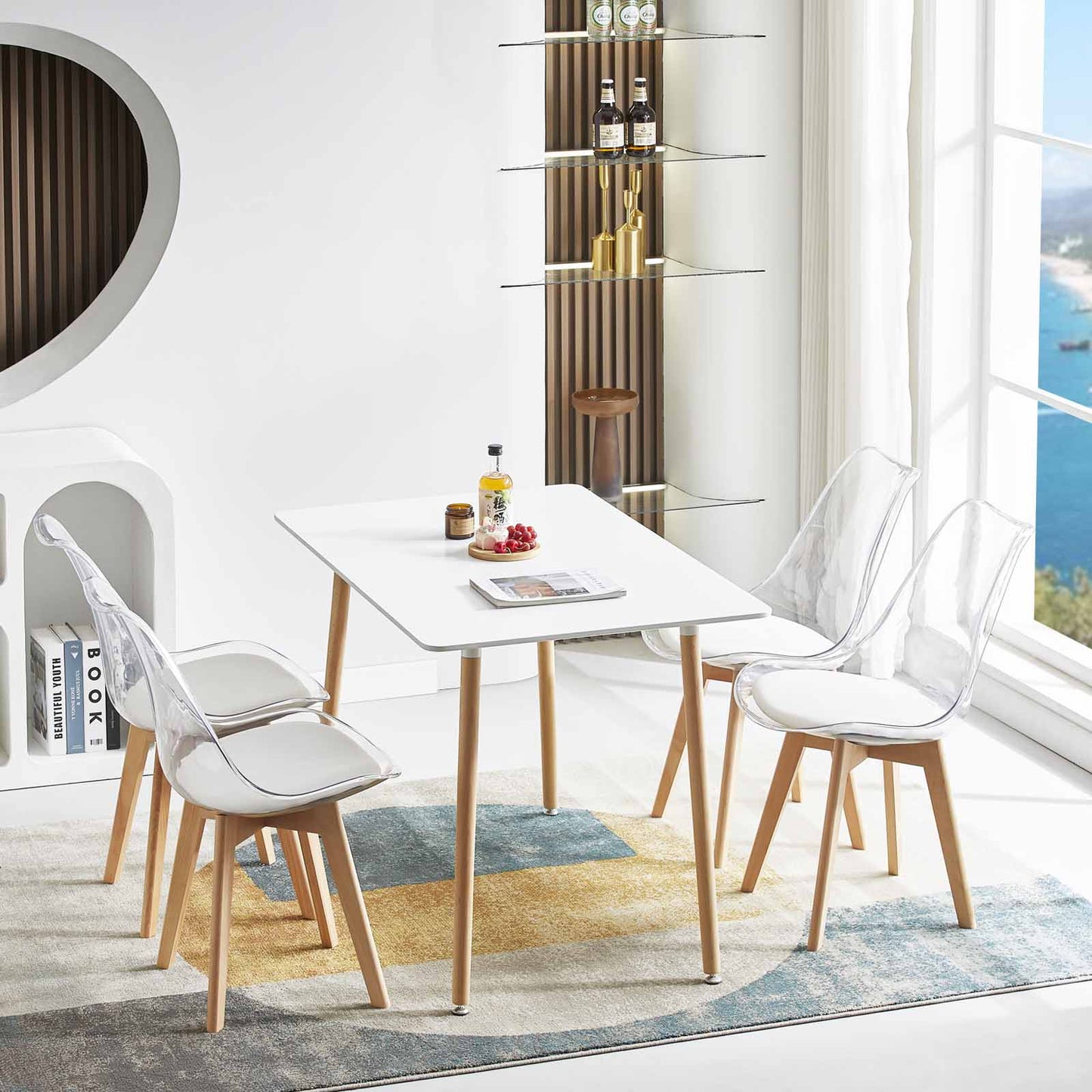LUCCA Chaises de Salle à Manger Transparentes Coussin de Siège en Cuir PU et Pieds en Hêtre Massif - Noir/Blanc/Gris