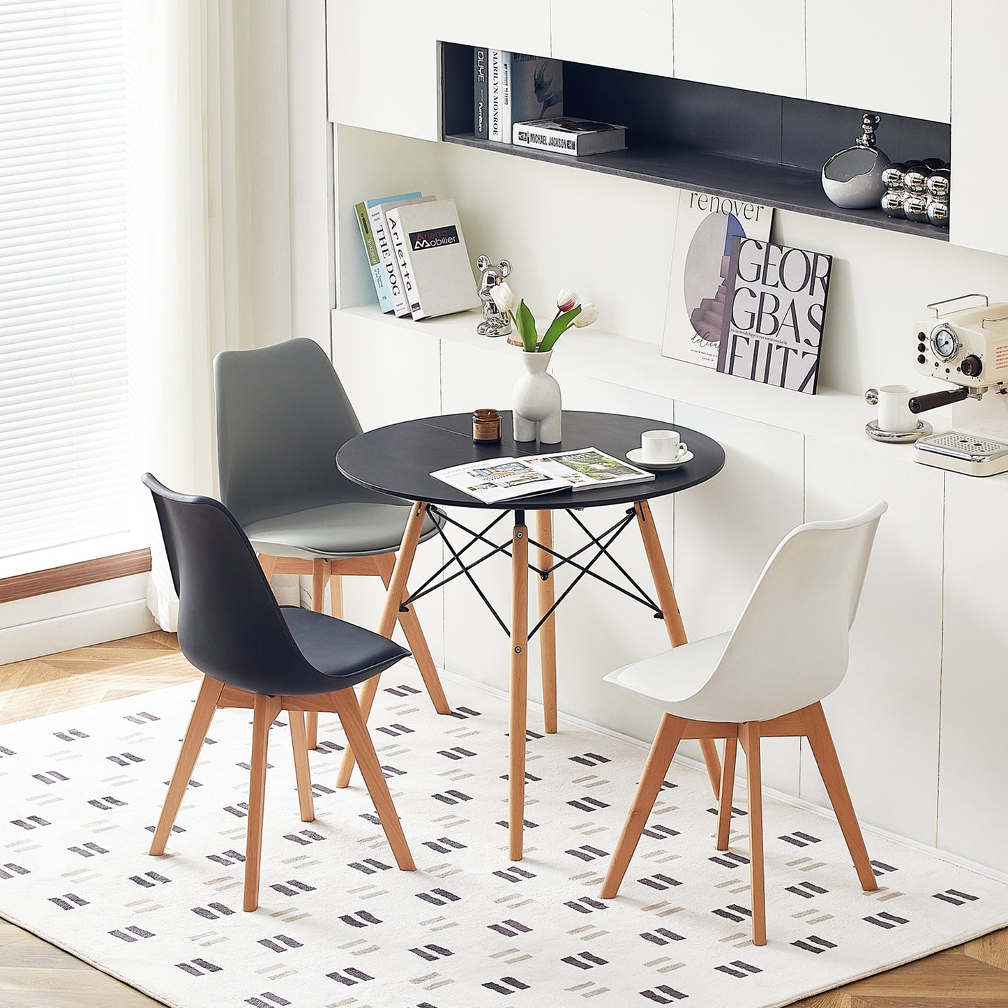 RAY Table à Manger Ronde en MDF/Verre avec Pieds en Hêtre 80 * 80 * 74 cm - Noir/Blanc/Clair