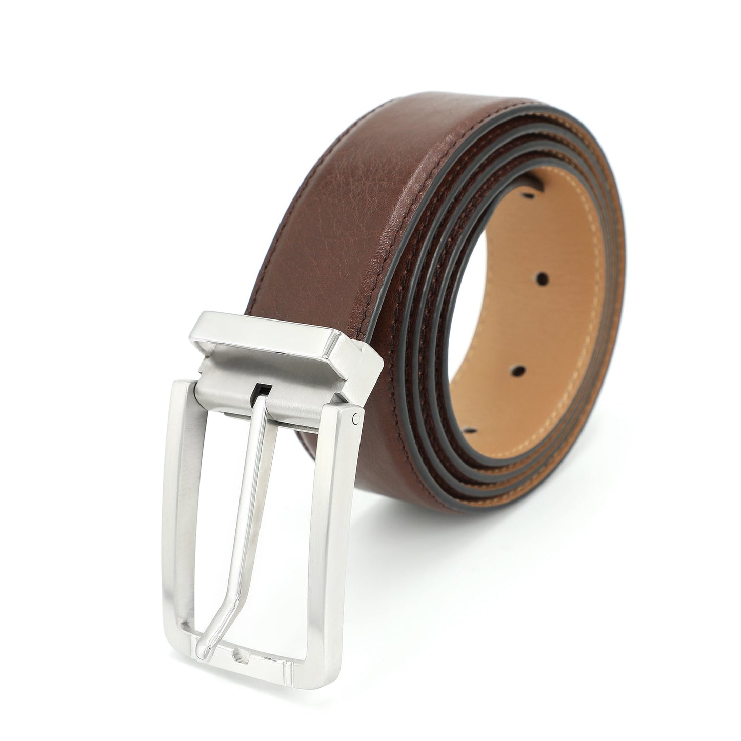 Sabr Ceinture classique à boucle ardillon en cuir de vachette première couche - Acier, Café Clair