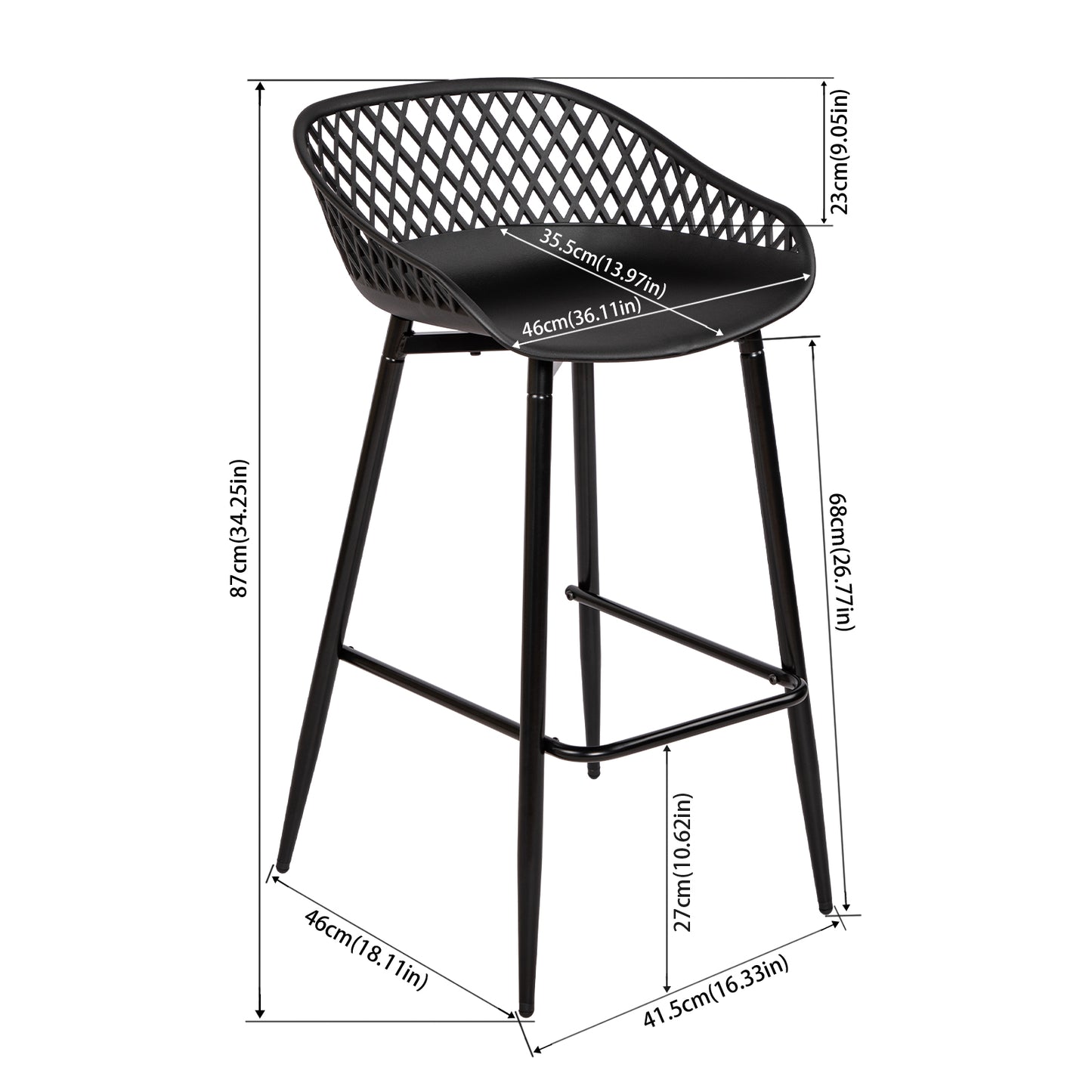 Tabourets de bar Modernes en Fer Forgé, hauteur 87 cm, Dossier Ajouré, lot de 4 - Noir/Blanc