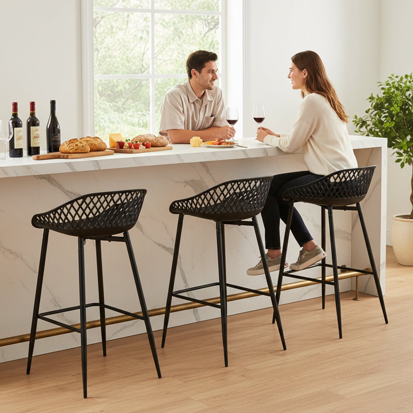 Tabourets de bar Modernes en Fer Forgé, hauteur 87 cm, Dossier Ajouré, lot de 4 - Noir/Blanc