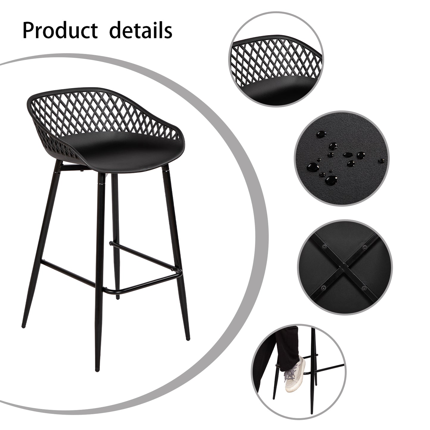 Tabourets de bar Modernes en Fer Forgé, hauteur 87 cm, Dossier Ajouré, lot de 4 - Noir/Blanc