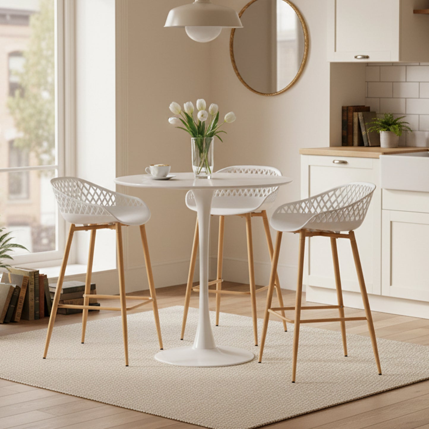 Tabourets de bar Modernes en Fer Forgé, hauteur 87 cm, Dossier Ajouré, lot de 4 - Noir/Blanc