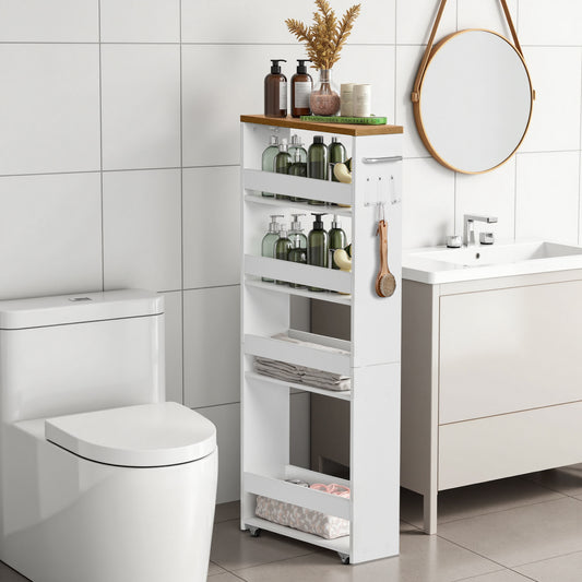 Chariot de rangement à roulettes fin à 5 niveaux - Chariot de cuisine étroit avec roulettes, blanc - BOCA