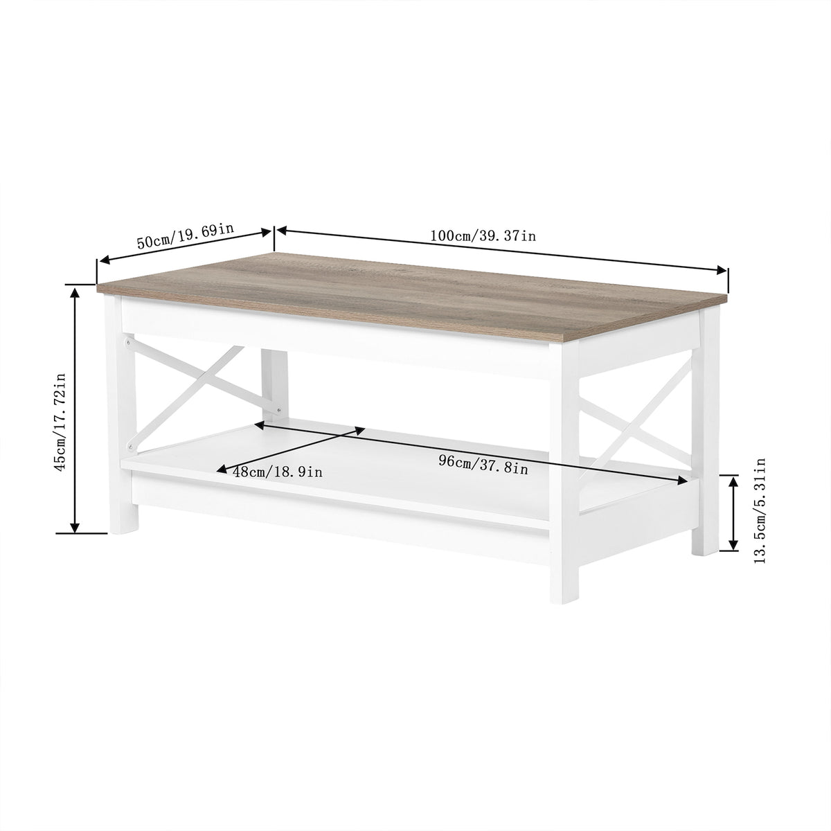 Table basse de style campagnard à deux niveaux avec rangement, table de salon – Blanche