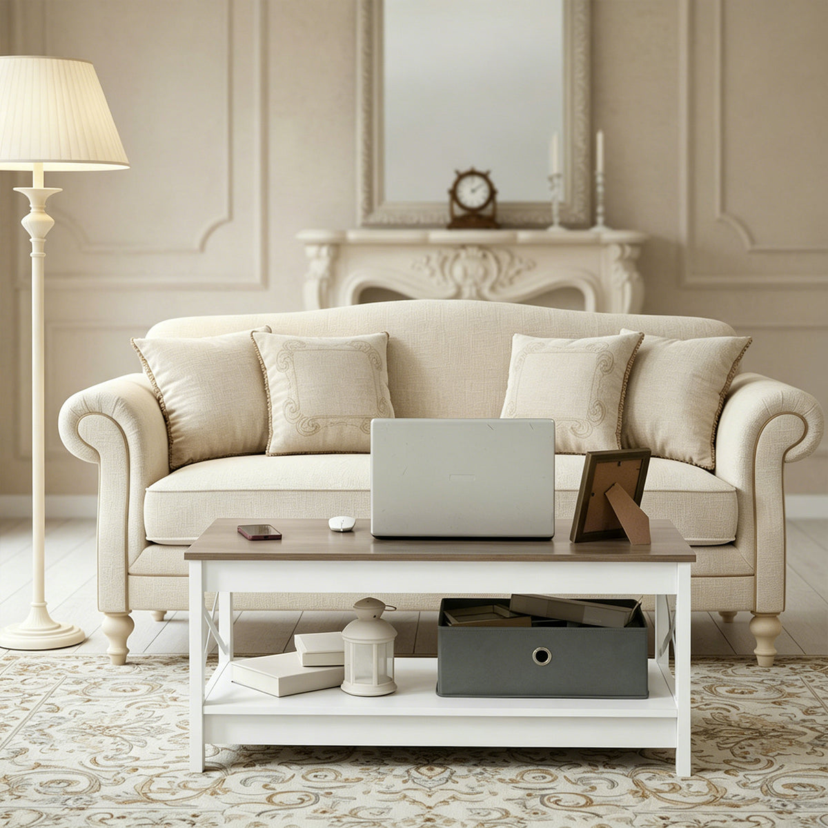 Table basse de style campagnard à deux niveaux avec rangement, table de salon – Blanche