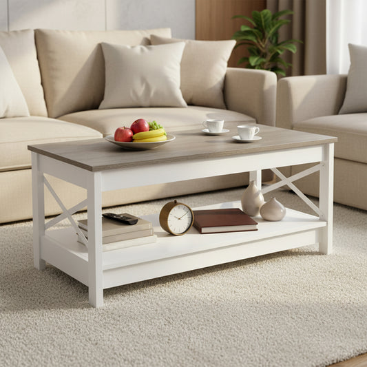 Table basse de style campagnard à deux niveaux avec rangement, table de salon – Blanche