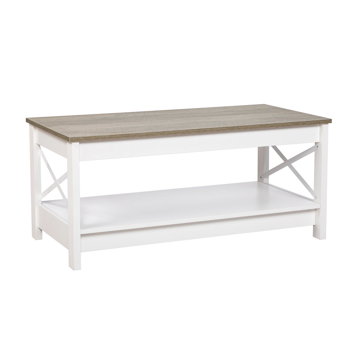 Table basse de style campagnard à deux niveaux avec rangement, table de salon – Blanche