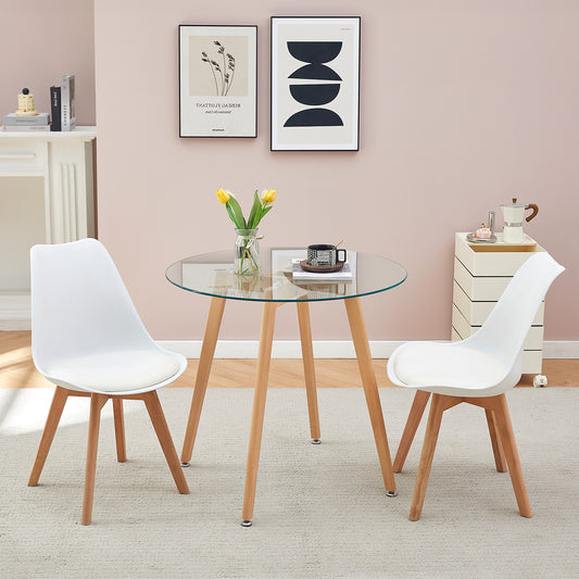 Tables de salle à manger rondes en verre 80 cm avec pieds en hêtre - COVE