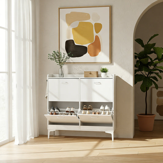 Meuble à chaussures DURHAM à 4 rabats, 105 x 23 x 103 cm - MDF blanc