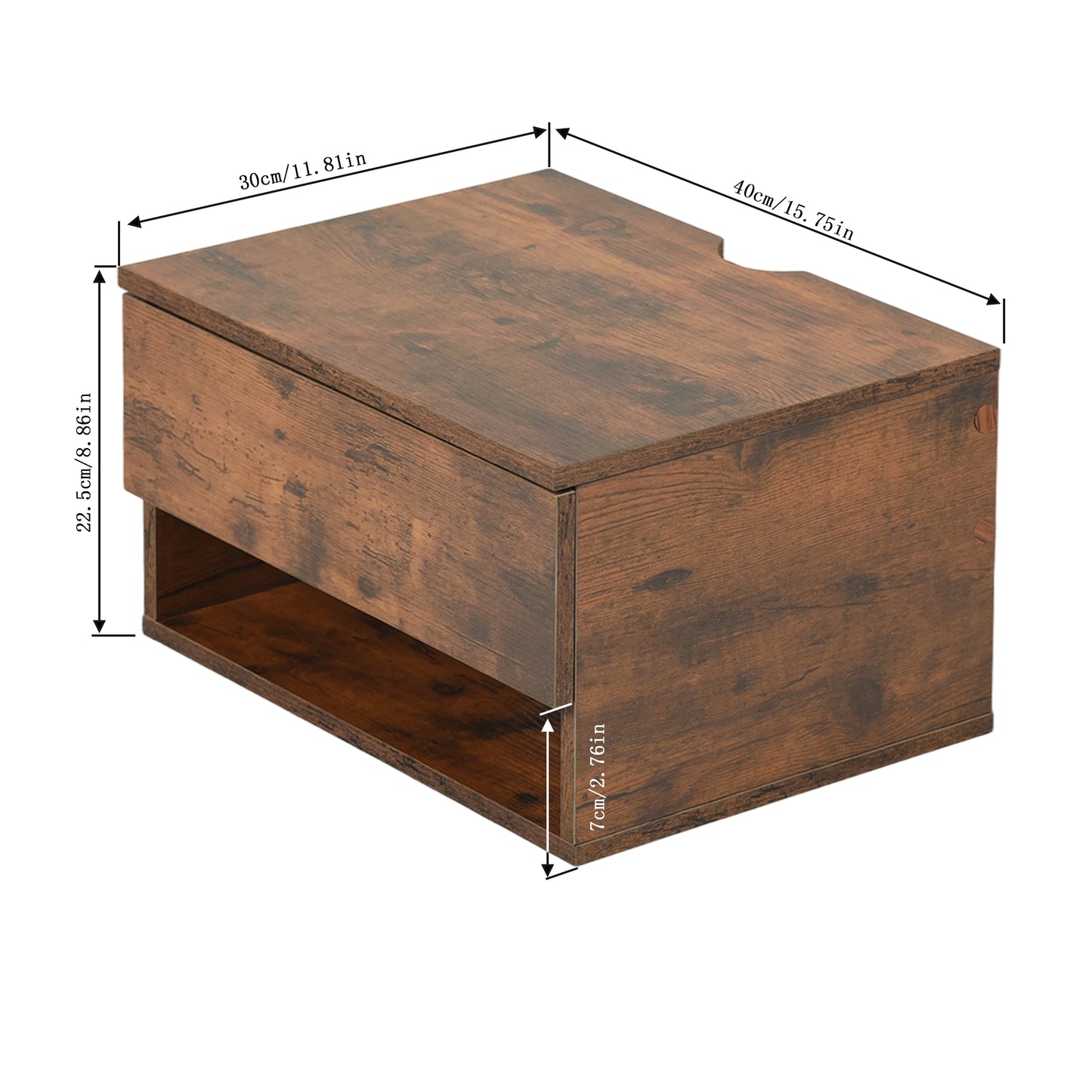 Ensemble de deux tables de chevet murales avec tiroirs et étagères, Blanc et Grain Flammé