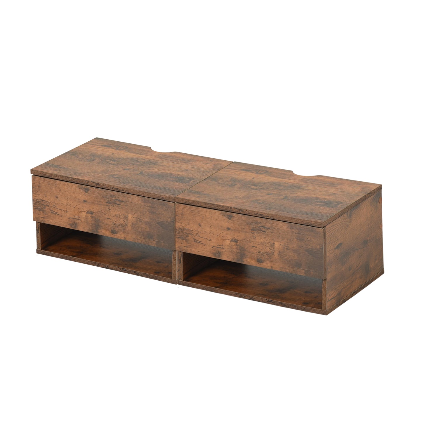 Ensemble de deux tables de chevet murales avec tiroirs et étagères, Blanc et Grain Flammé