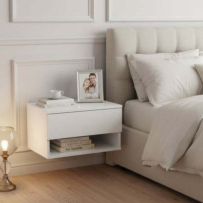 Ensemble de deux tables de chevet murales avec tiroirs et étagères, Blanc et Grain Flammé
