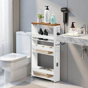 Chariot de rangement étroit blanc à 4 niveaux avec multiprise et roulettes – GOODE Organiseur de cuisine et de salle de bain