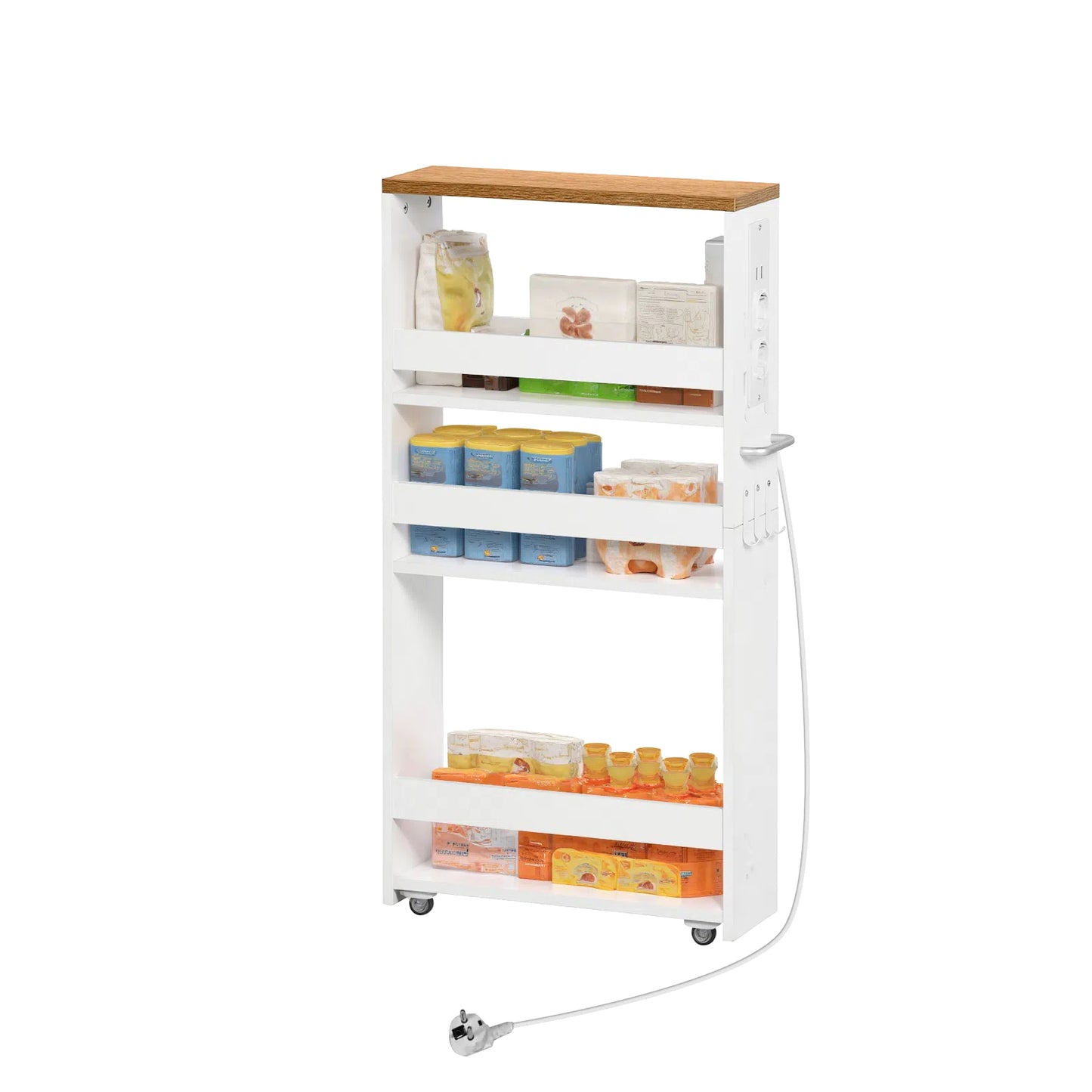 Chariot de rangement étroit blanc à 4 niveaux avec multiprise et roulettes – GOODE Organiseur de cuisine et de salle de bain