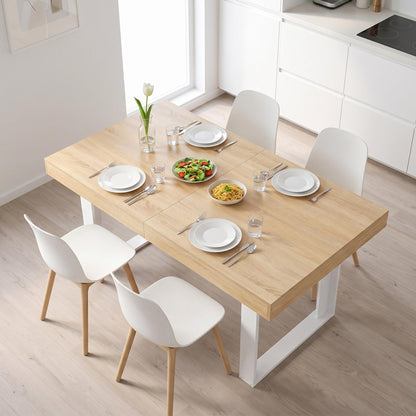 Table de salle à manger rectangulaire extensible, longueur 160-200 cm - Bois et blanc