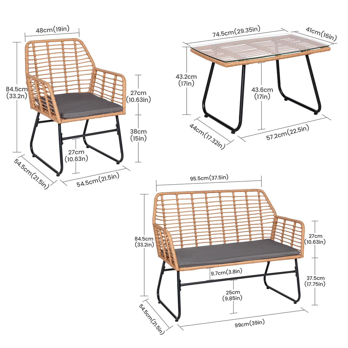 Ensemble de jardin 4 pièces en plastique tressé - Coussins gris - 1 canapé, 2 fauteuils, 1 table basse