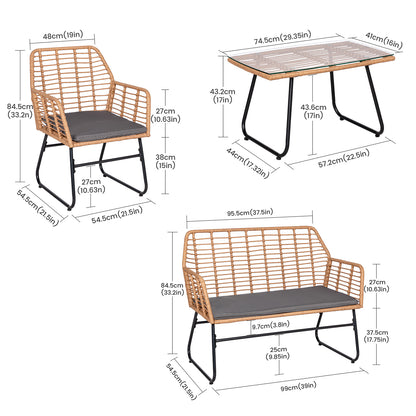 Ensemble de jardin 4 pièces en plastique tressé - Coussins gris - 1 canapé, 2 fauteuils, 1 table basse