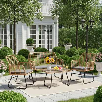 Ensemble de jardin 4 pièces en plastique tressé - Coussins gris - 1 canapé, 2 fauteuils, 1 table basse