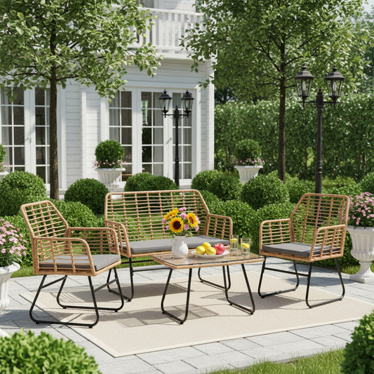 Ensemble de jardin 4 pièces en plastique tressé - Coussins gris - 1 canapé, 2 fauteuils, 1 table basse