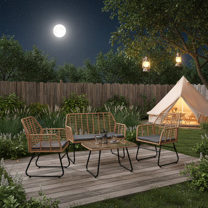 Ensemble de jardin 4 pièces en plastique tressé - Coussins gris - 1 canapé, 2 fauteuils, 1 table basse